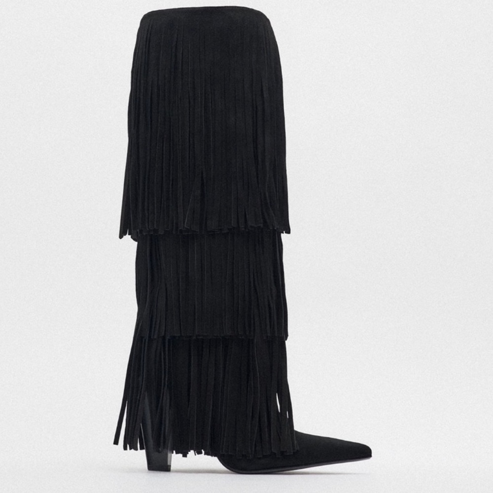 Zara Black Layered Fringe Knee-High Heeled Boots